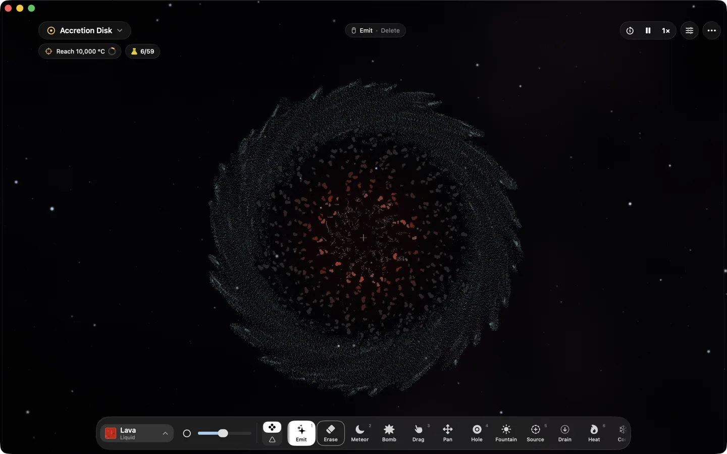 An accretion disk on the Mac: a ring of grains wound into a spiral around a black hole, glowing red where it is hottest.