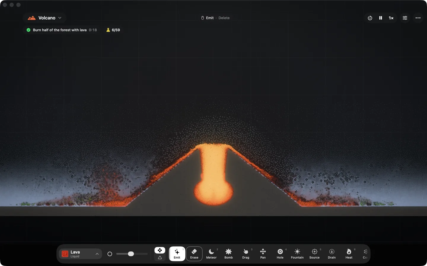 The volcano on the Mac: lava welling out of the crater and running down both slopes into the forest, smoke and ash rising above it.