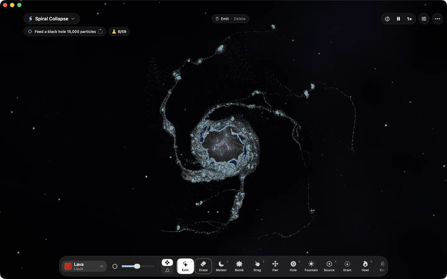 Grainverse on the Mac: a spiral galaxy of icy grains filling a wide window, with the scene’s goal at the top and the material, brush and tools in the dock below.