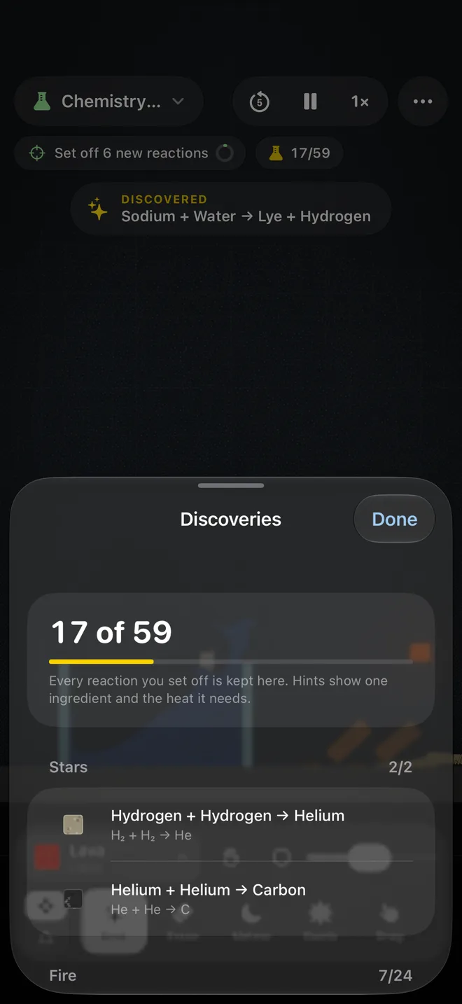 The discoveries album: 17 of 59 reactions found, such as hydrogen fusing into helium, with a hint for each one still missing.
