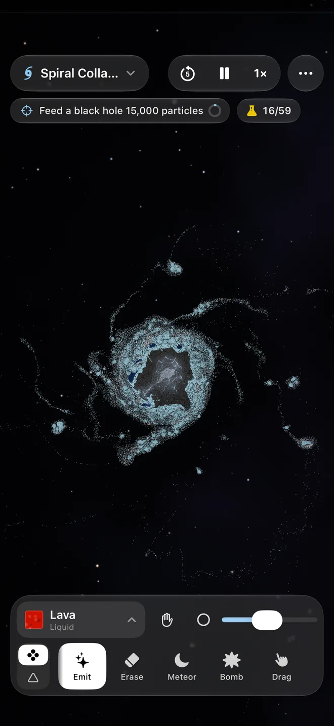 Spiral Collapse on iPhone: a galaxy of icy grains winding around a dark core, with the goal to feed a black hole at the top and the tools below.