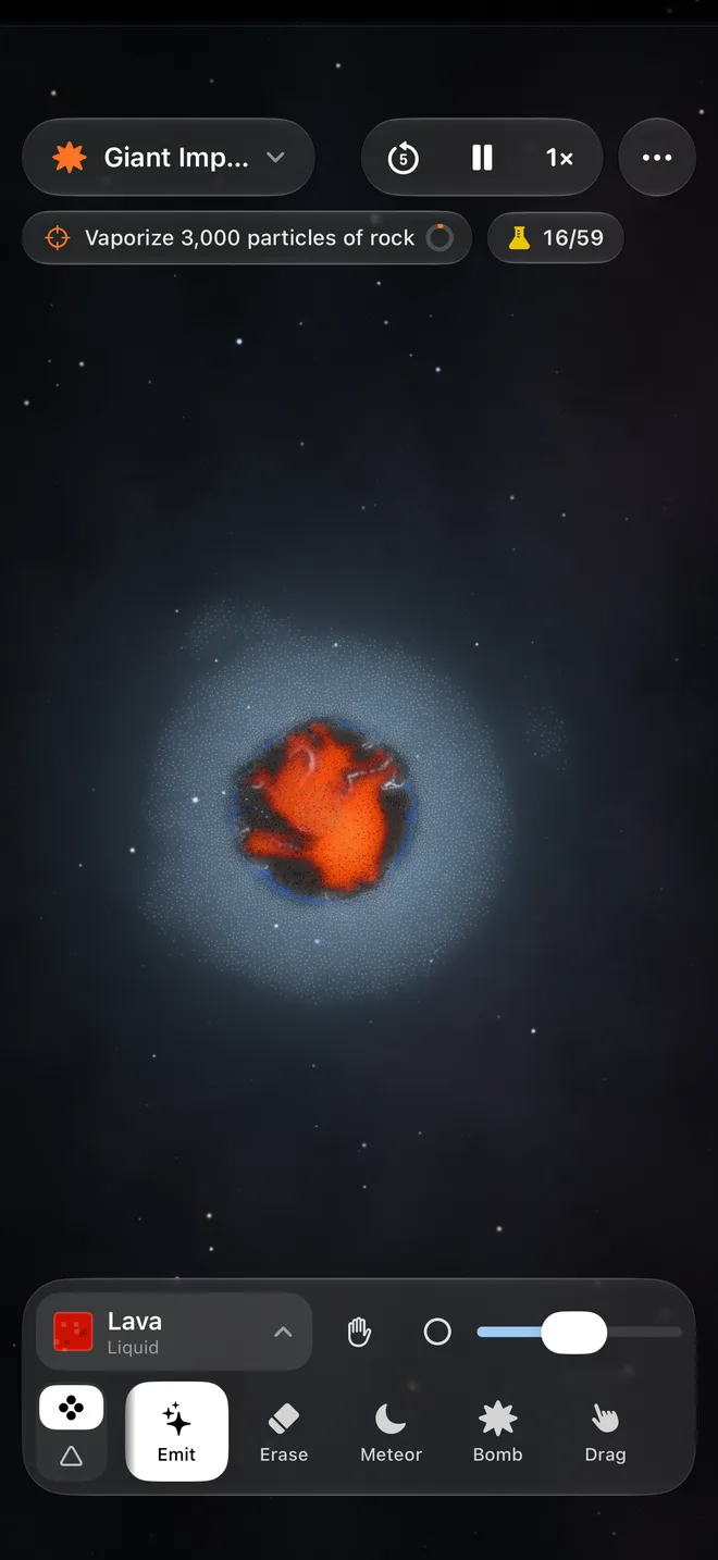 Giant Impact: two worlds merging into one molten body, glowing orange through a cloud of vapour.