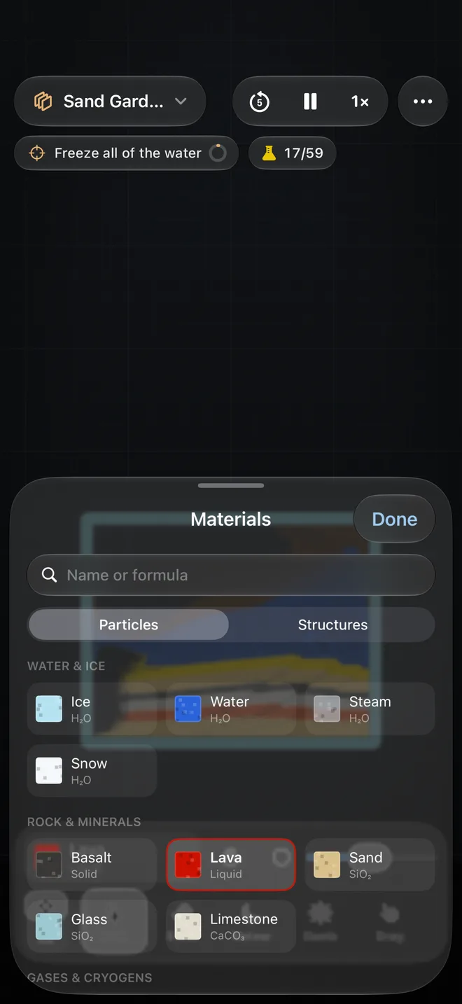 The materials sheet: a searchable list of solids, liquids and gases by family, from ice and water to basalt, lava and sand.