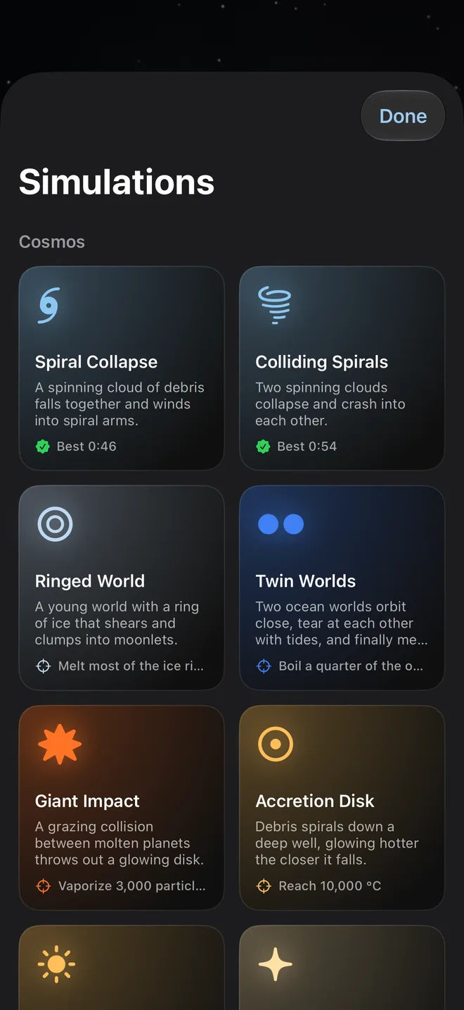 The scene gallery: the Cosmos scenes, each with its icon, a line about it and its goal or best time.