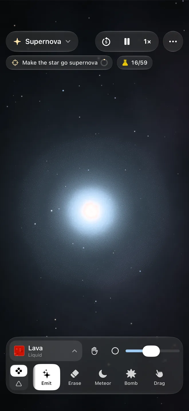 Supernova: a white-hot star burning in a haze of its own gas, with the goal to make it go supernova at the top.