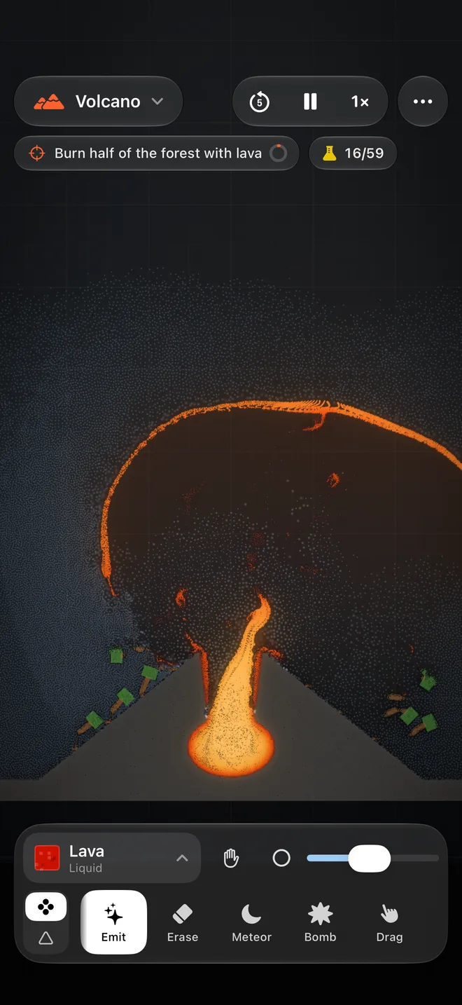 The volcano erupting: a fountain of lava arcing out of the crater over the forest on its slopes.