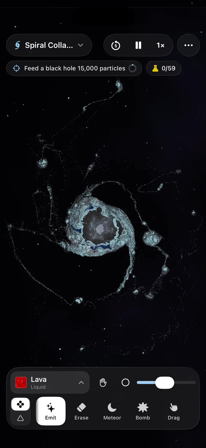 A spinning cloud of grains collapses under its own gravity and winds into a spiral galaxy, its arms breaking into clumps as they turn.