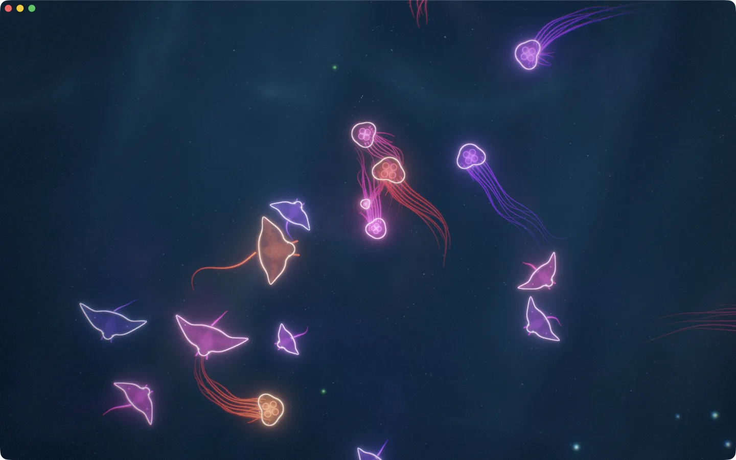 Contemplation mode on the Mac: a school of violet rays and pink medusae, with nothing else on screen.