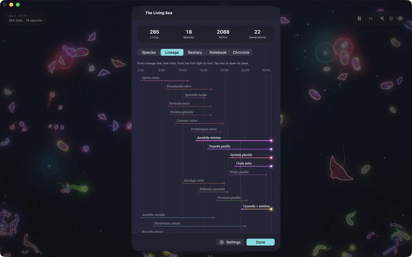 The census on the Mac open at the tree of life: 285 living, 18 species, 2,088 births and 22 generations, with every lineage drawn along a timeline, a hybrid, Cyanella × minima, among them.