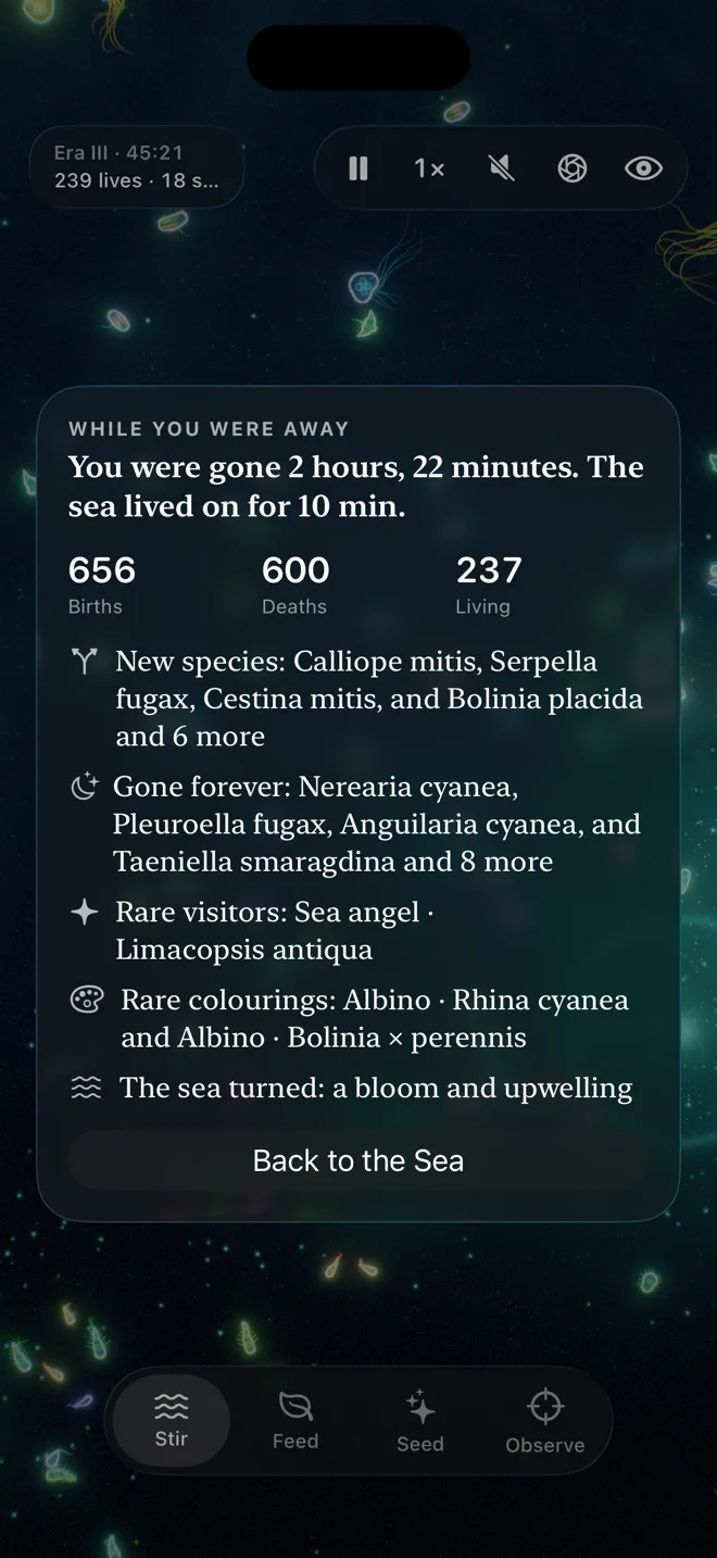 While you were away: gone two hours and 22 minutes, the sea lived on for ten. 656 births, 600 deaths, new species, some gone forever, a sea angel visiting, two albinos born, a bloom and an upwelling.