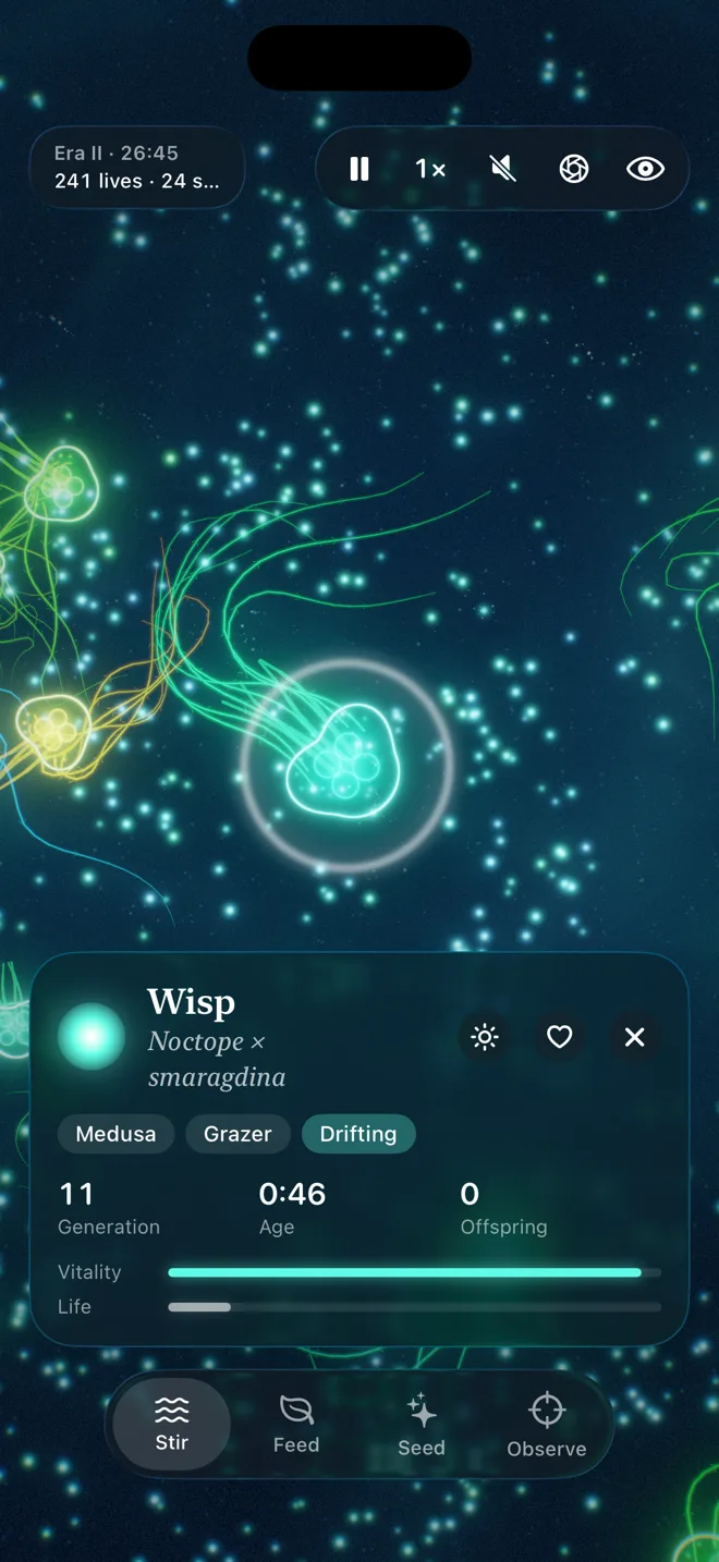 Following a medusa called Wisp, of the hybrid species Noctope × smaragdina: a grazer of the eleventh generation, drifting among its kin, with its vitality and age.