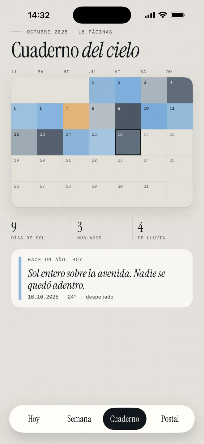 El Cuaderno del cielo de octubre: cada día pasado es un cuadrado de su color, con el conteo de días de sol, nublados y de lluvia, y lo que dijo el cielo hace un año.