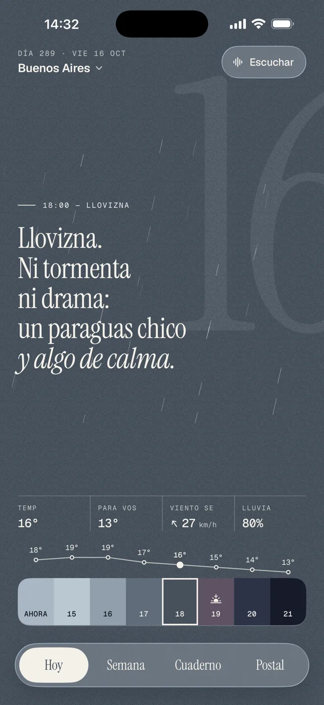 A las 18, con 80 % de lluvia: el cielo gris oscuro, barras de lluvia que caen sobre la pantalla y el poema “Llovizna. Ni tormenta ni drama: un paraguas chico y algo de calma.”