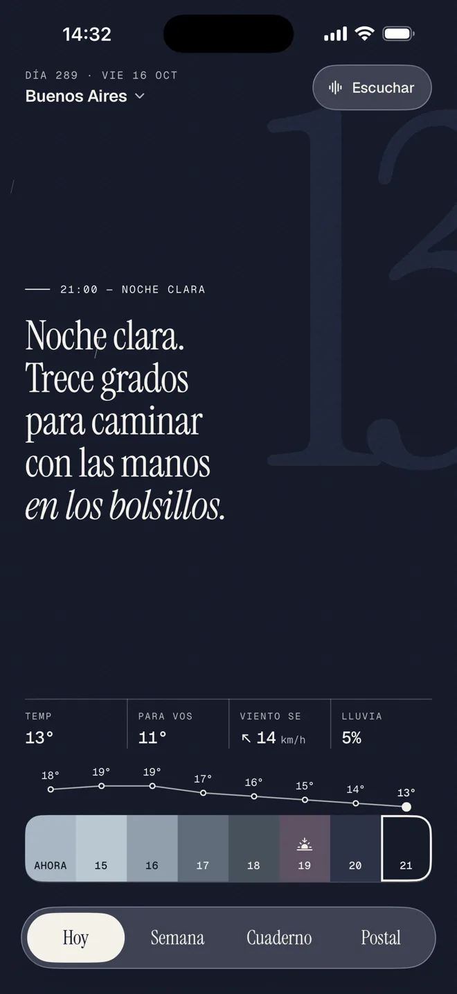 A las 21, noche clara: el cielo casi negro y el poema “Noche clara. Trece grados para caminar con las manos en los bolsillos.”