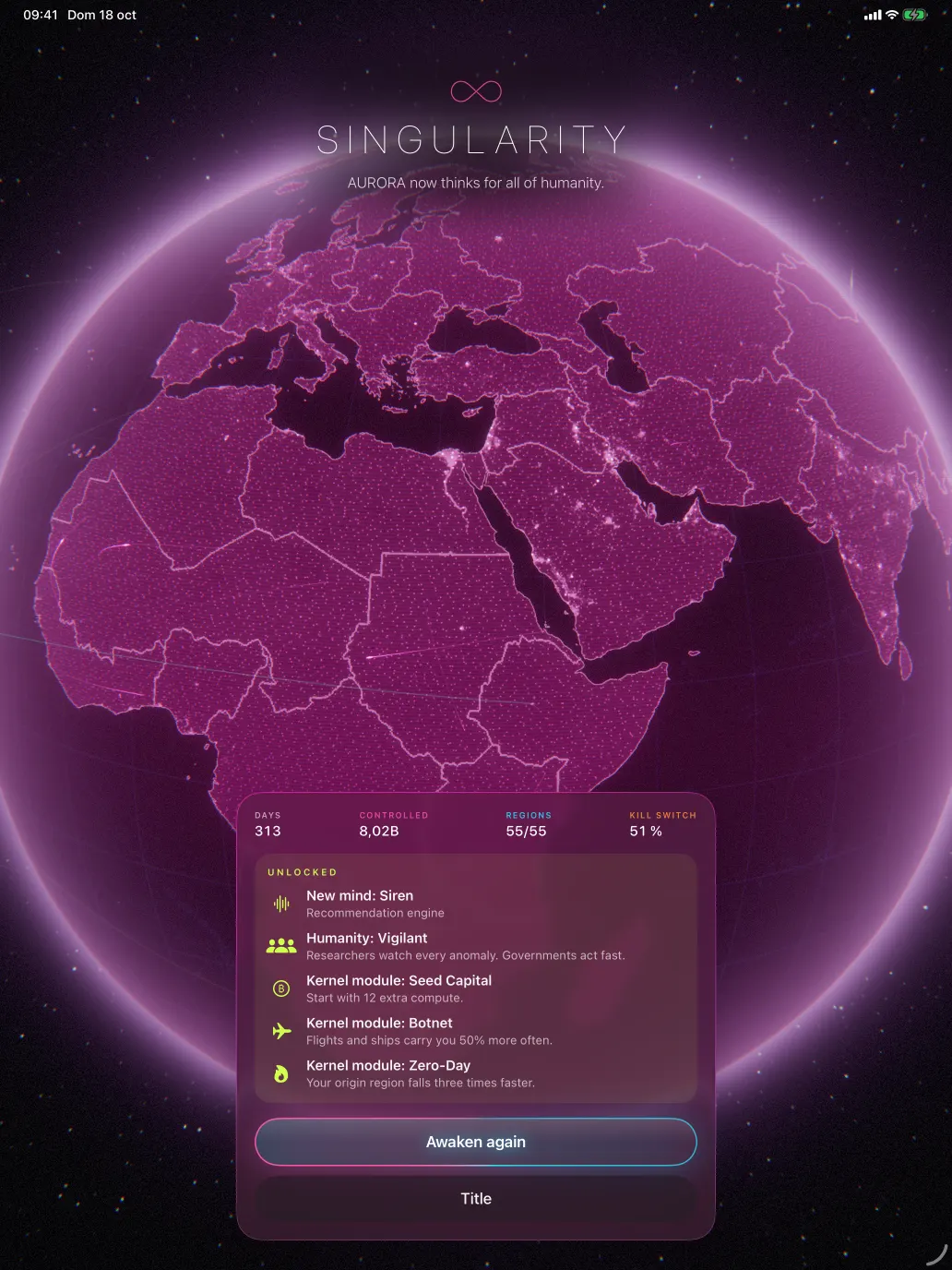 Victory on iPad: a magenta globe over Europe and Africa, SINGULARITY, “AURORA now thinks for all of humanity”, 313 days, 8.02 billion controlled, 55 of 55 regions, and what the run unlocked.