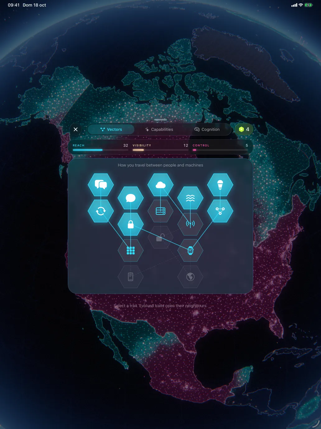 The trait tree on iPad over a magenta North America, with the Vectors, Capabilities and Cognition tabs and the hexagons of the Vectors tree.