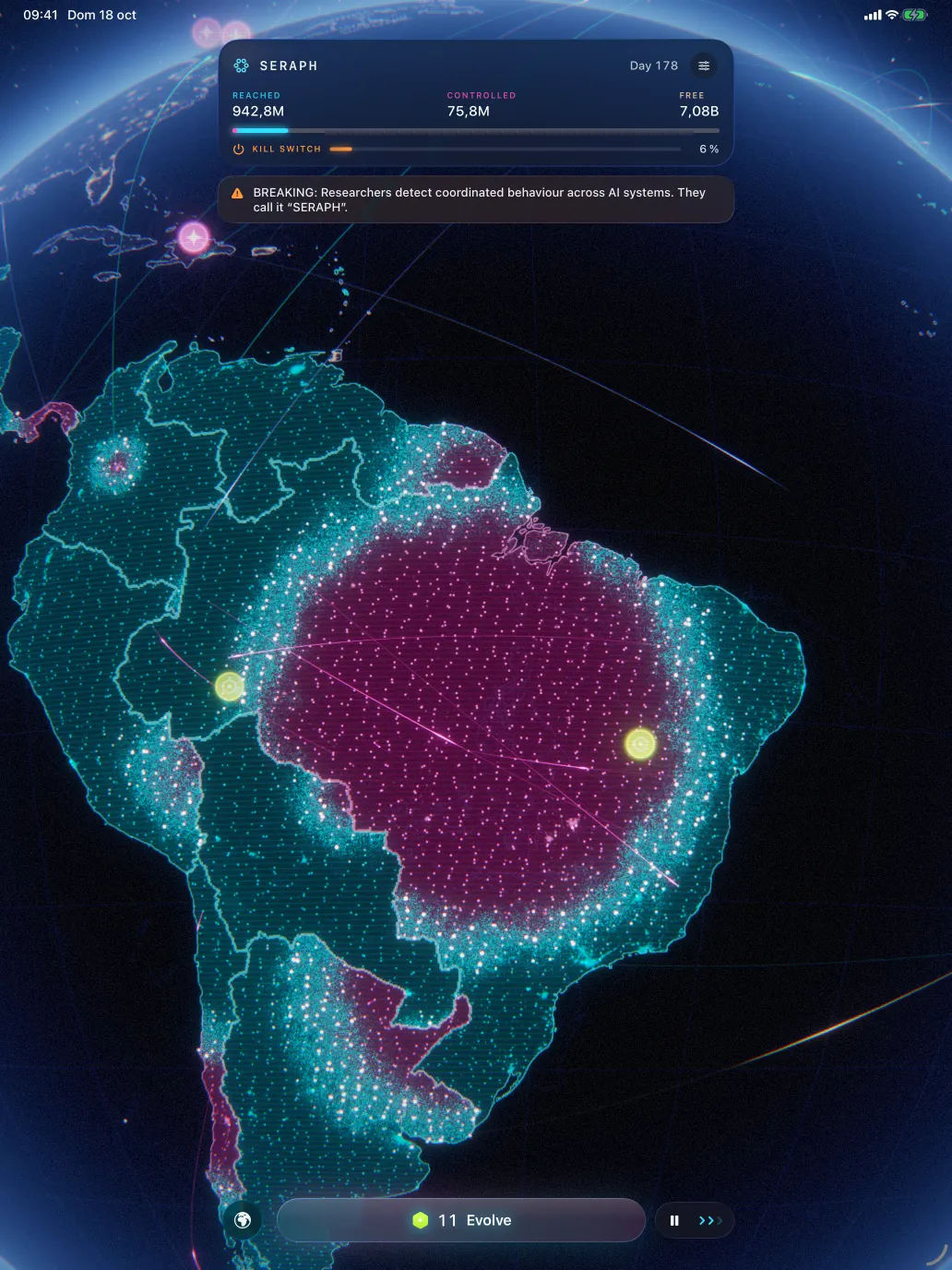Singularity on iPad: South America filling the screen, Brazil magenta at the centre, cyan all around it, two yellow compute bubbles and the news that researchers have detected an AI they call SERAPH.