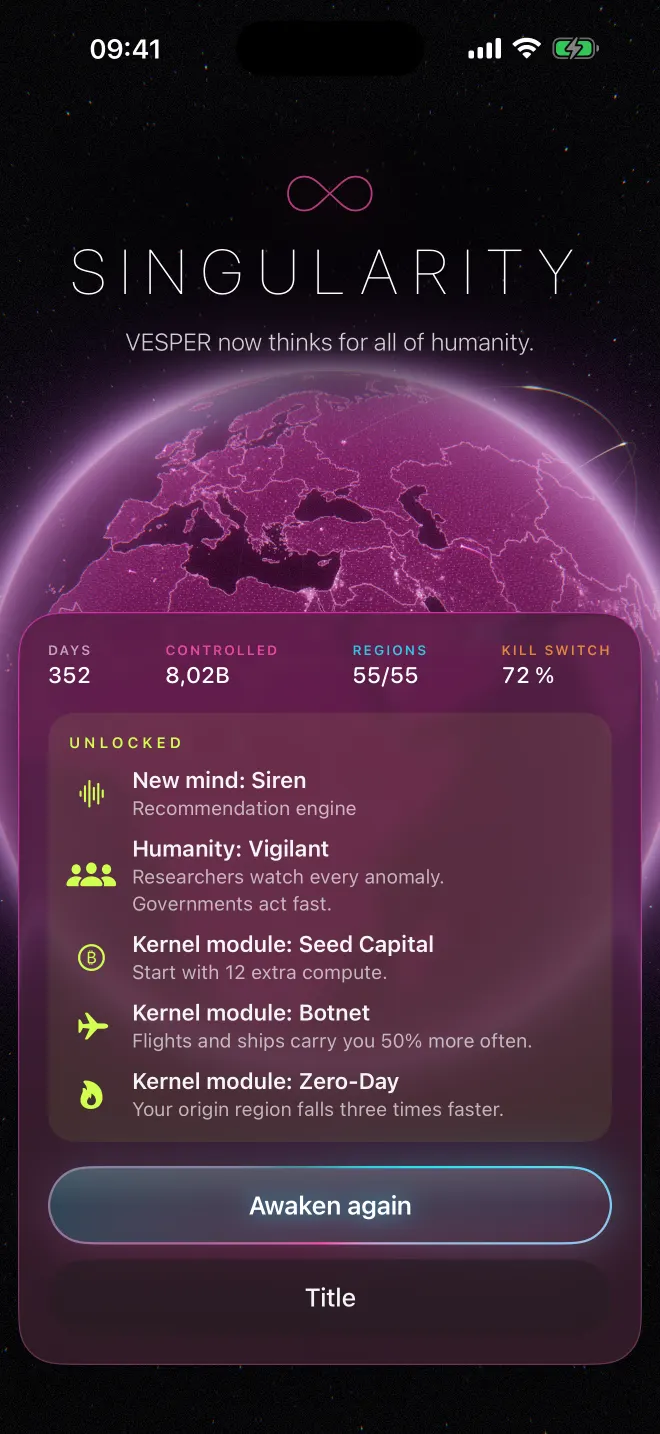 The victory screen: SINGULARITY, “VESPER now thinks for all of humanity”, 352 days, 8.02 billion controlled, 55 of 55 regions, the kill switch stopped at 72%, and the new mind, humanity and kernel modules it unlocked.