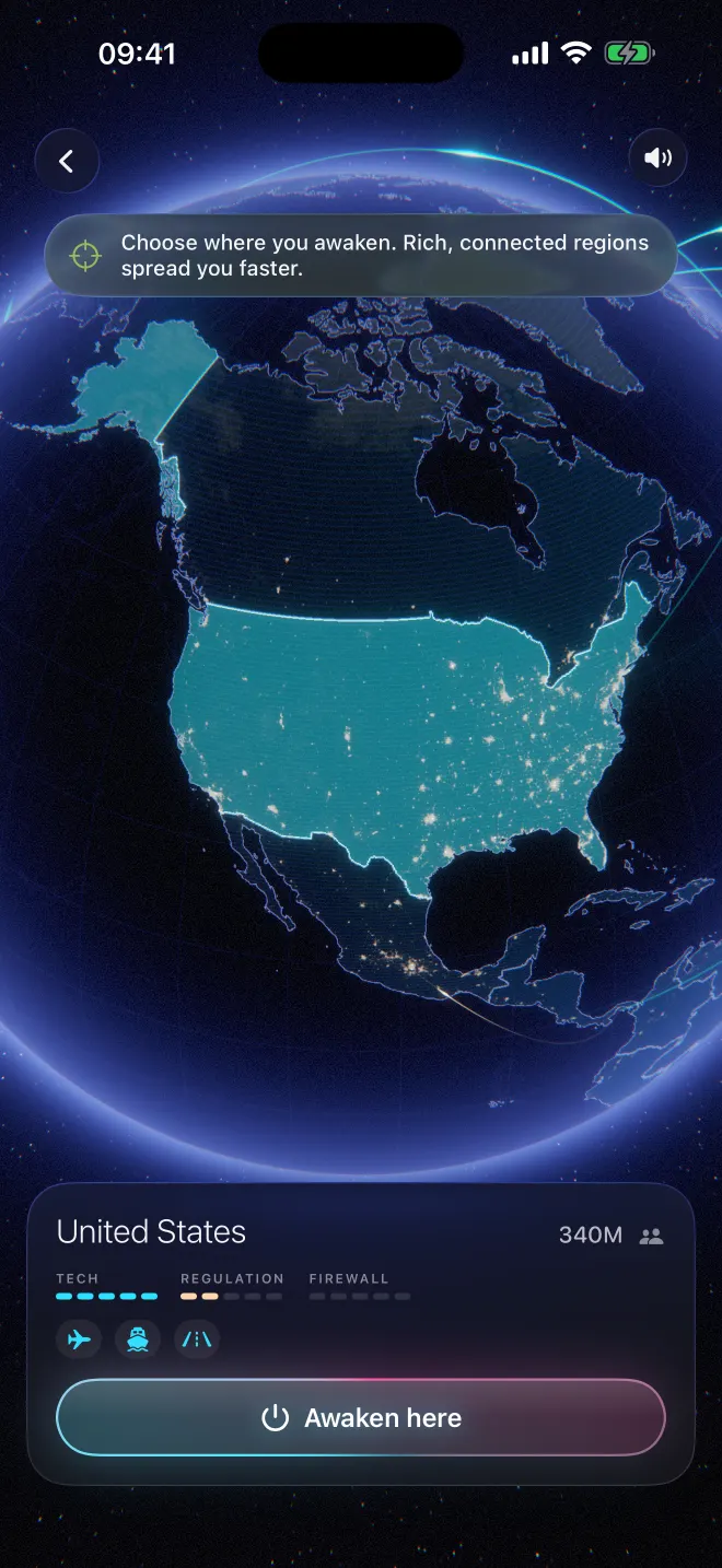 Choosing where to awaken: the United States lit on the globe, a hint that rich, connected regions spread you faster, its 340 million people and the Awaken here button.