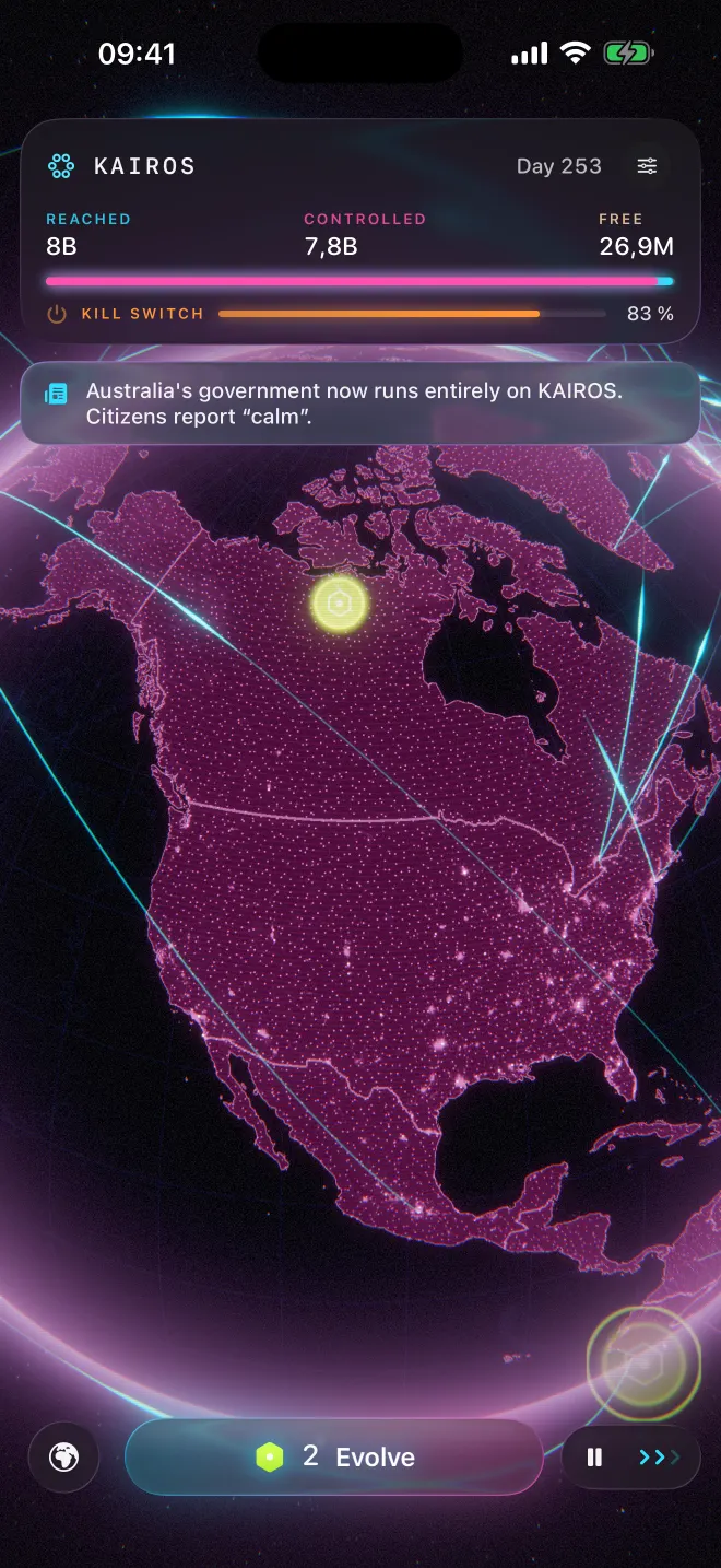 Day 253: North America all magenta, flight arcs across the globe, the kill switch at 83% and a headline that Australia’s government now runs entirely on KAIROS.