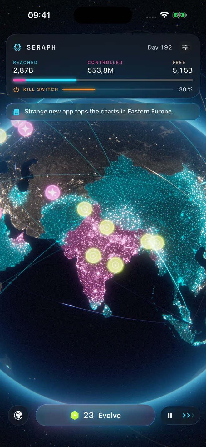 Satellite mode: the real night lights of Asia from orbit, India turning magenta, cyan spreading north and east, and yellow compute bubbles over the cities.