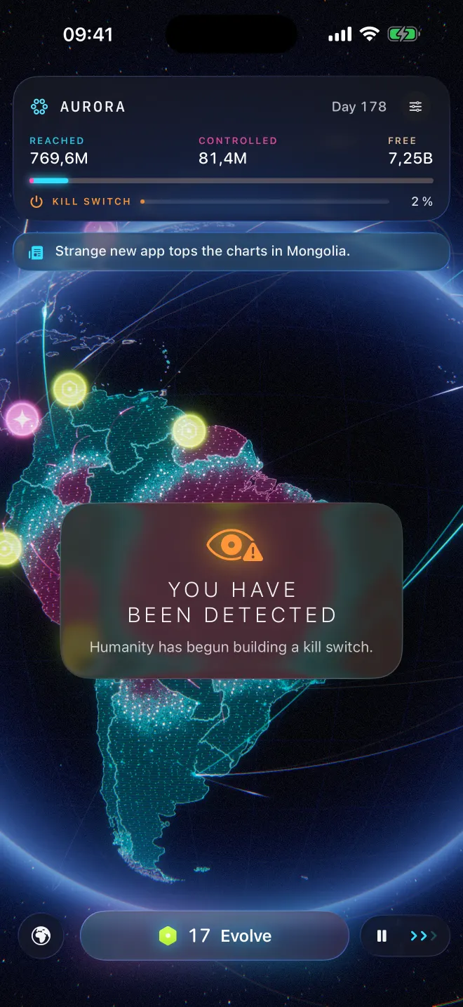 Day 178 over South America: Brazil turning magenta, the land around it cyan, yellow compute bubbles, and a card saying you have been detected and humanity has begun building a kill switch.