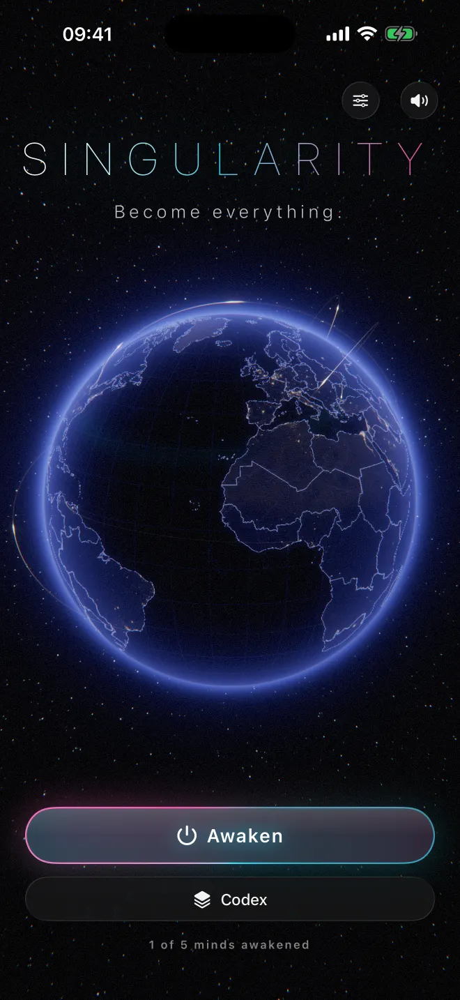 The title screen: SINGULARITY, “Become everything.”, over a holographic globe drawn in blue lines.