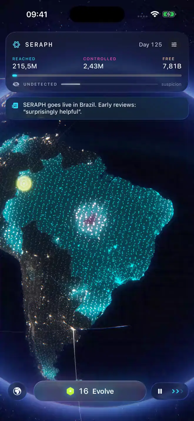 A run on iPhone: the AI spreads across South America, magenta where it is in control and cyan where it has reached, yellow bubbles of compute rising from the globe, and then the globe turns to Asia.