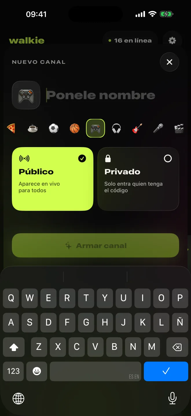 Armar un canal: nombre, emoji, y si es público o privado.