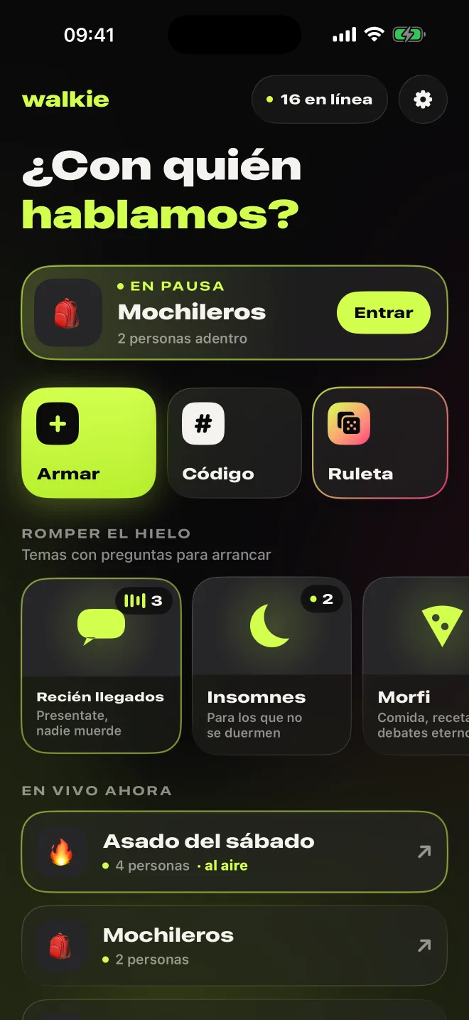 La pantalla de inicio de Walkie: canales en pausa, armar, código, ruleta y los temas para romper el hielo.
