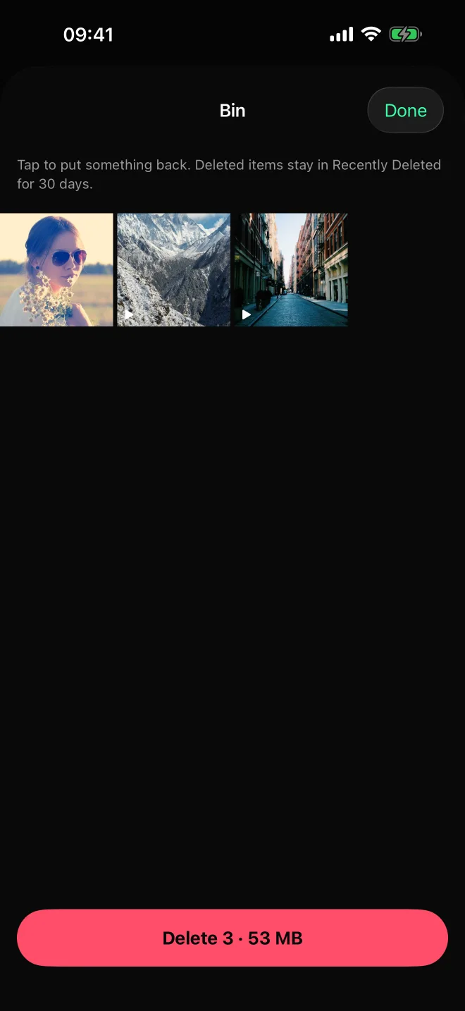 The bin with a photo and two videos, a note that you can tap any to put it back, and the button to delete 3 items, 53 MB.