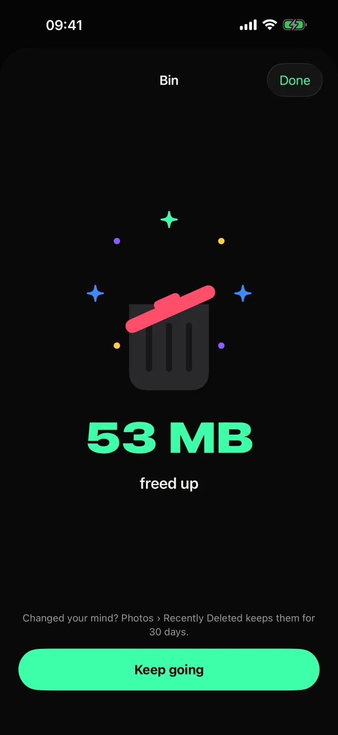 53 MB freed up, with a bin and a burst of sparks.