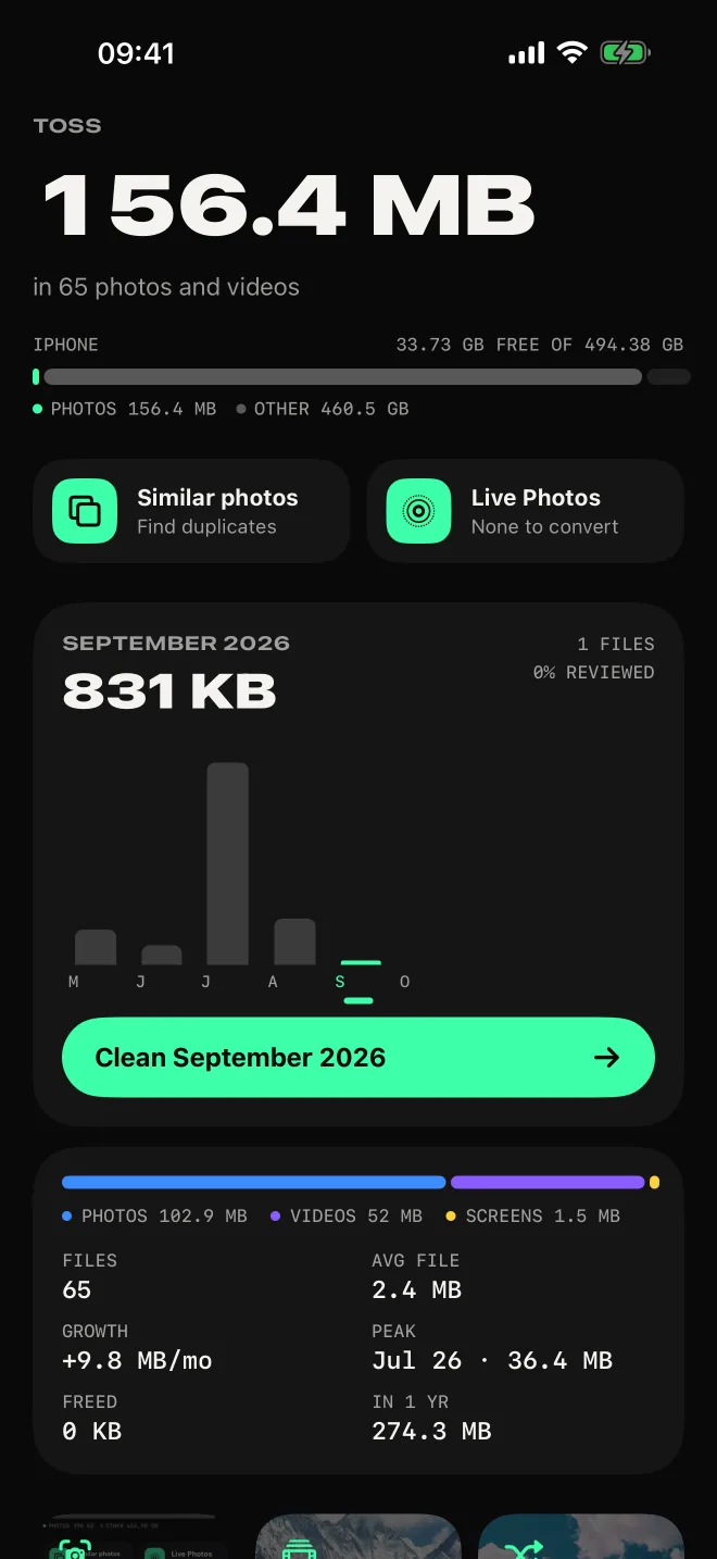 Toss home: 156.4 MB in 65 photos and videos, the iPhone’s free space, the similar photos and Live Photos tools, and a bar for each month with September selected.