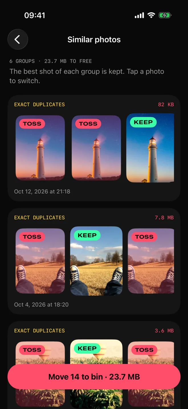 Fotos parecidas: 6 grupos, 23,7 MB para liberar. En cada grupo de tomas casi iguales, una está marcada para guardar y el resto para borrar.