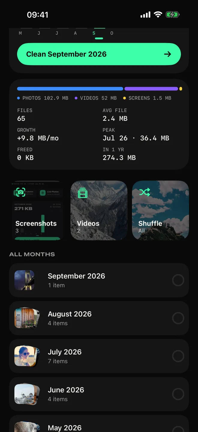 Storage metrics (files, average size, growth per month, the heaviest month) and shortcuts to screenshots, videos and shuffle.