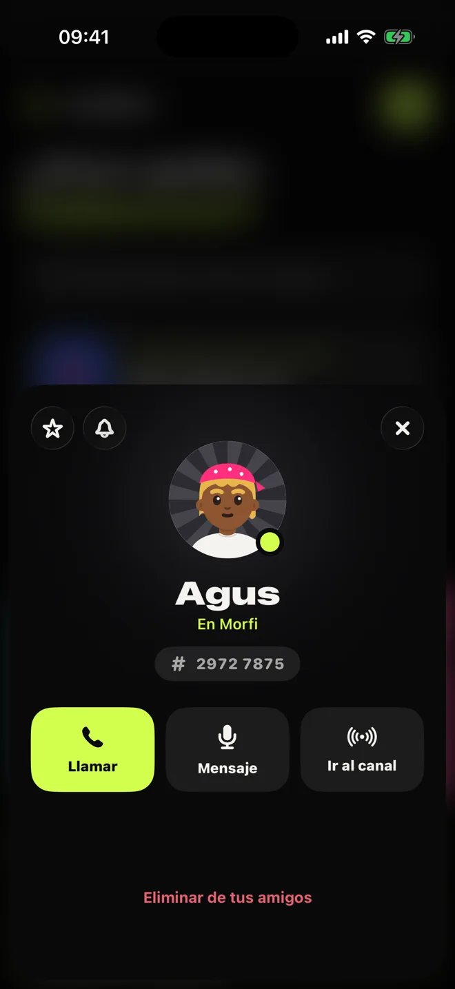 La ficha de Agus, que está en Morfi: llamar, dejarle un mensaje de voz o ir a su canal.