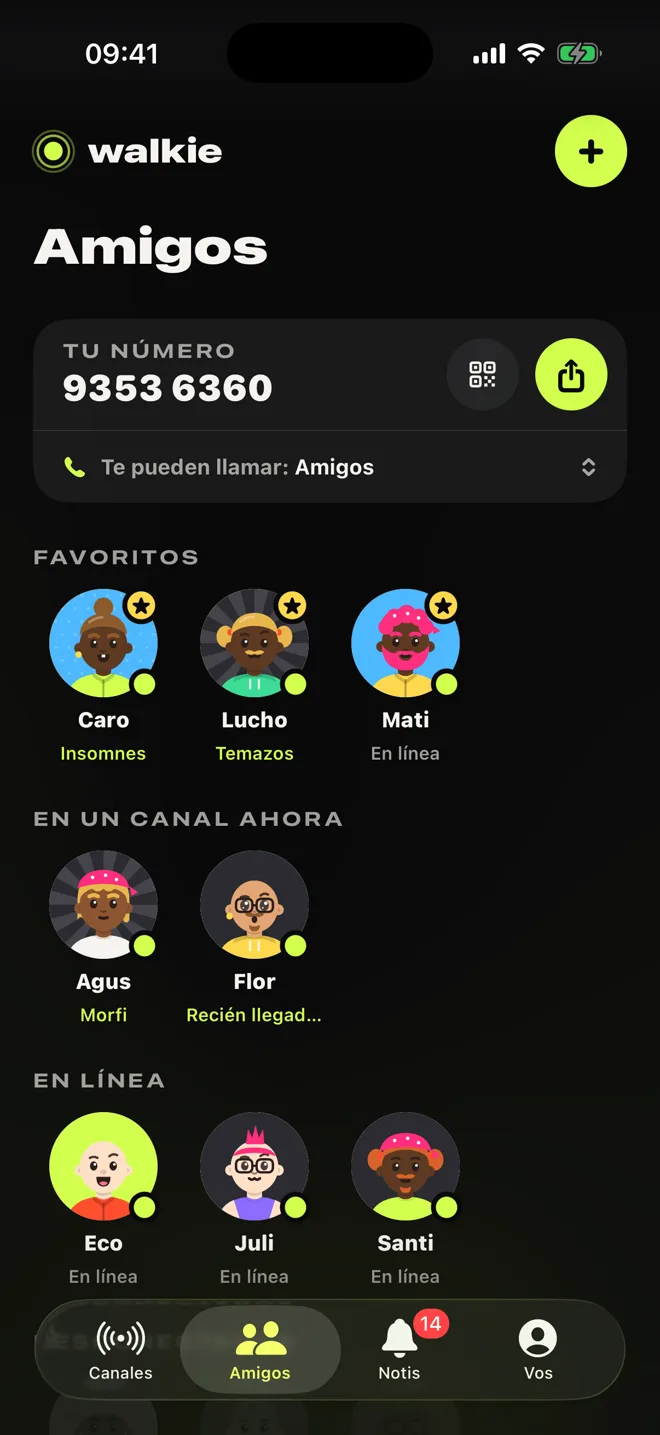 Amigos: tu número de Walkie, tus favoritos, quién está en un canal ahora y quién está en línea.