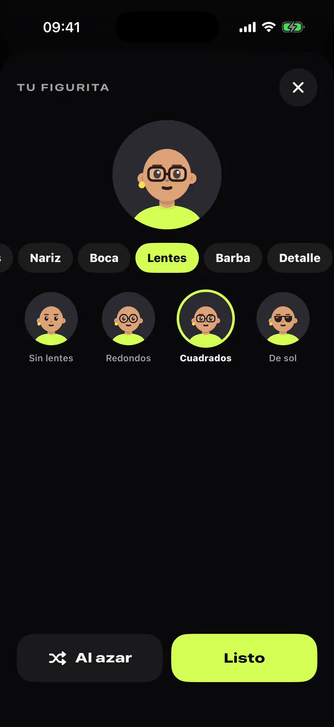 El editor de figuritas armando una: cambia el pelo, suma lentes, una gorra, otra ropa y prueba al azar.