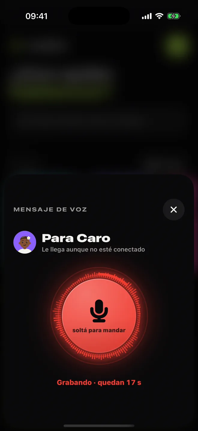 Mensaje de voz para Caro: mantenés apretado, el botón se pone rojo mientras grabás y al soltar queda enviado.