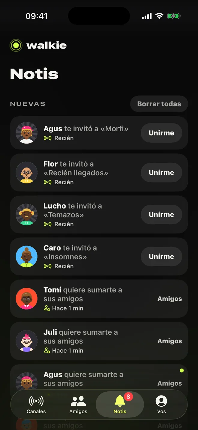 Notis: invitaciones a canales con el botón Unirme y solicitudes de amistad.