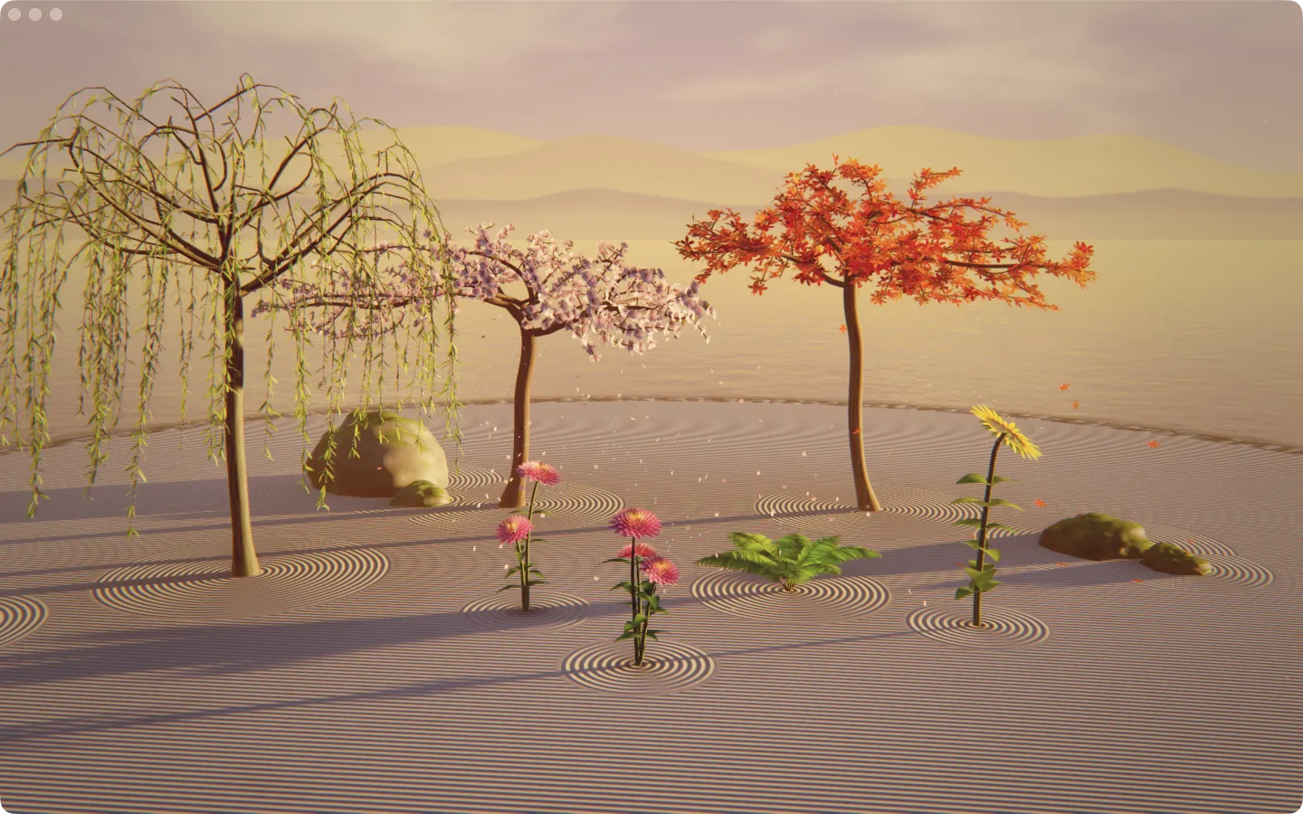 The same garden on the Mac in contemplation mode: nothing on screen but the trees, the flowers and the raked sand in the evening light.
