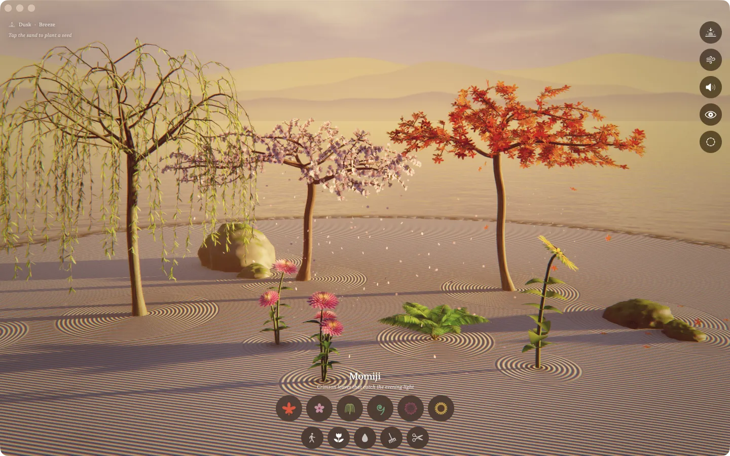 Zen Garden on the Mac at dusk: a weeping willow, a cherry tree and a red maple over a raked sand island, with flowers and a fern in front, the species dock and the tools below.