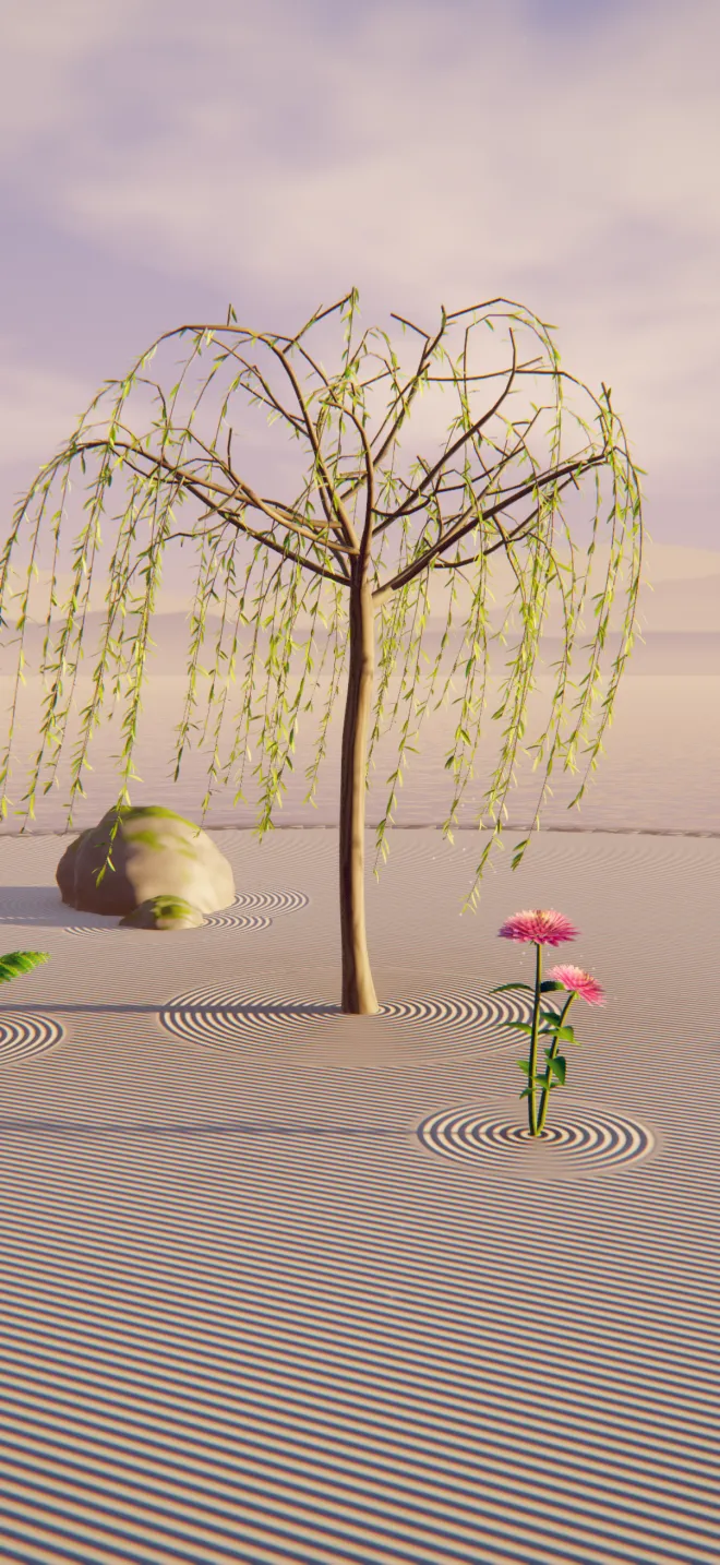Contemplation mode, with nothing on screen but a weeping willow swaying at golden hour.