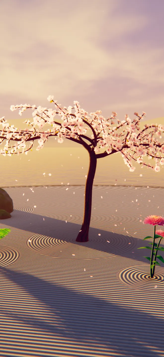 A cherry tree in full blossom at dawn, petals falling onto the sand, with a dahlia and a fern beside it.