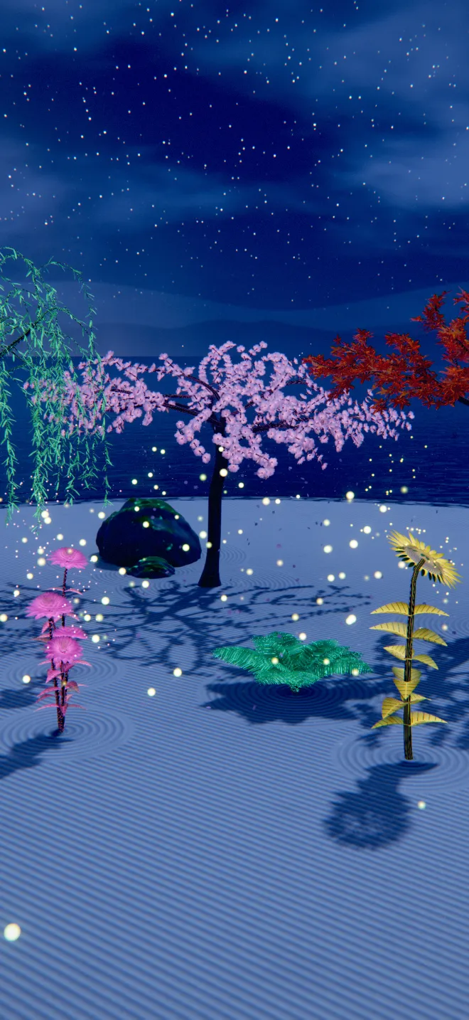 The garden at night under the stars: fireflies drift between the trees and the plants glow softly.